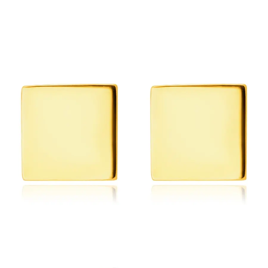 Puzetové náušnice zo 14K zlata - zrkadlovolesklé symetrické štvorčeky, hladký povrch