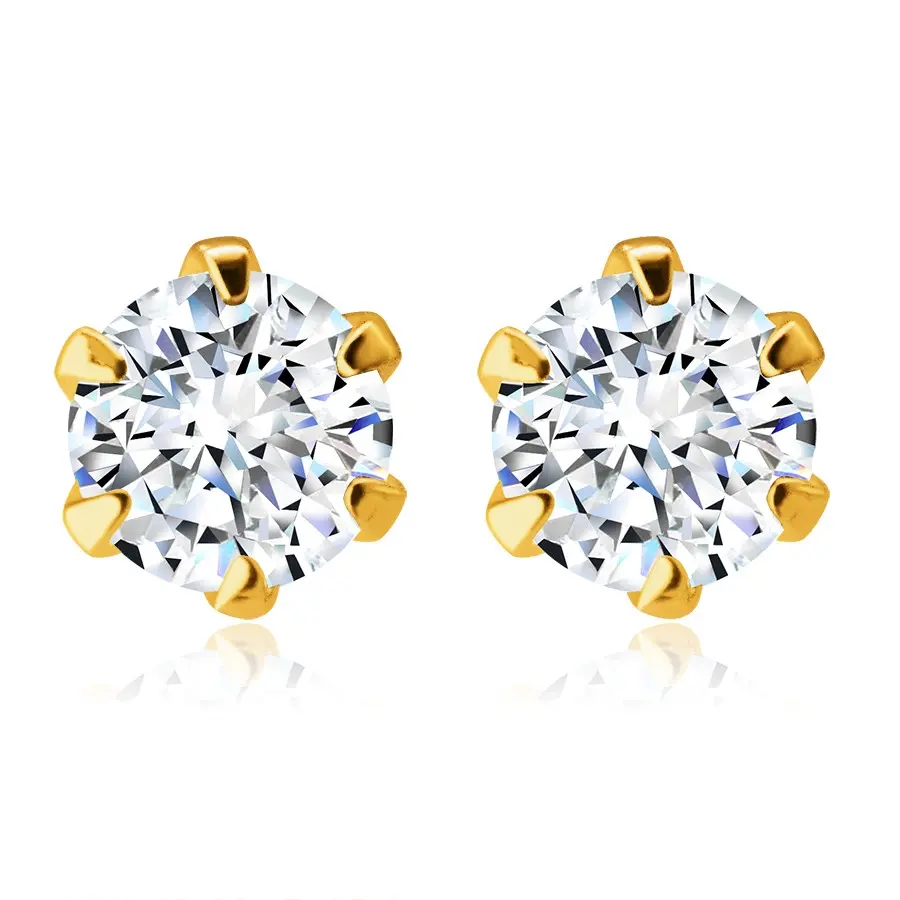 Náušnice zo 14K - žlté zlato, ligotavý okrúhly zirkón v kotlíku, puzetky