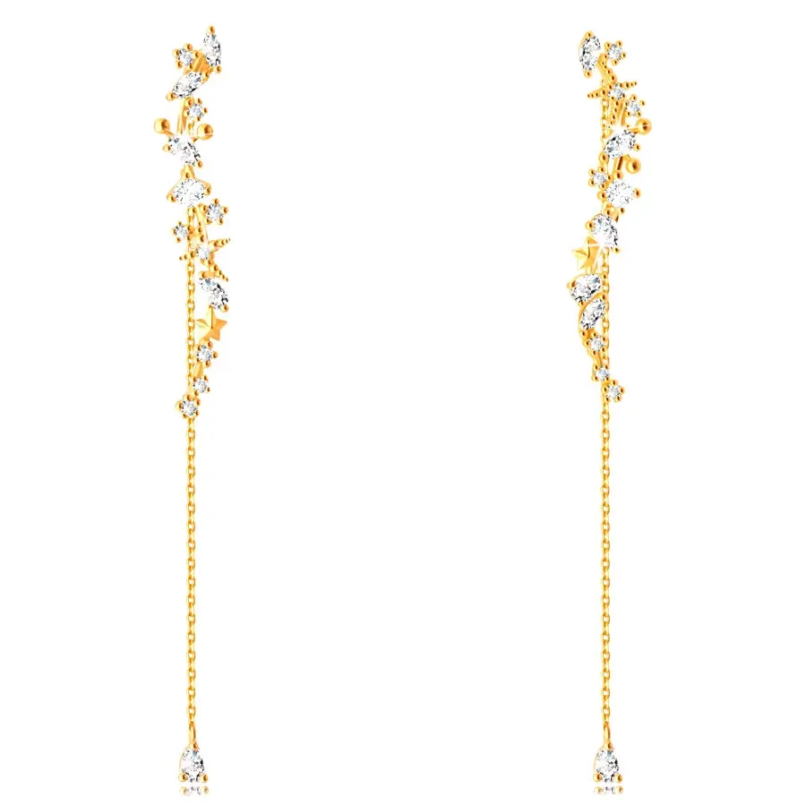 Náušnice zo 14K zlata - pásik v tvare vlnky s ozdobami, číre zirkóny