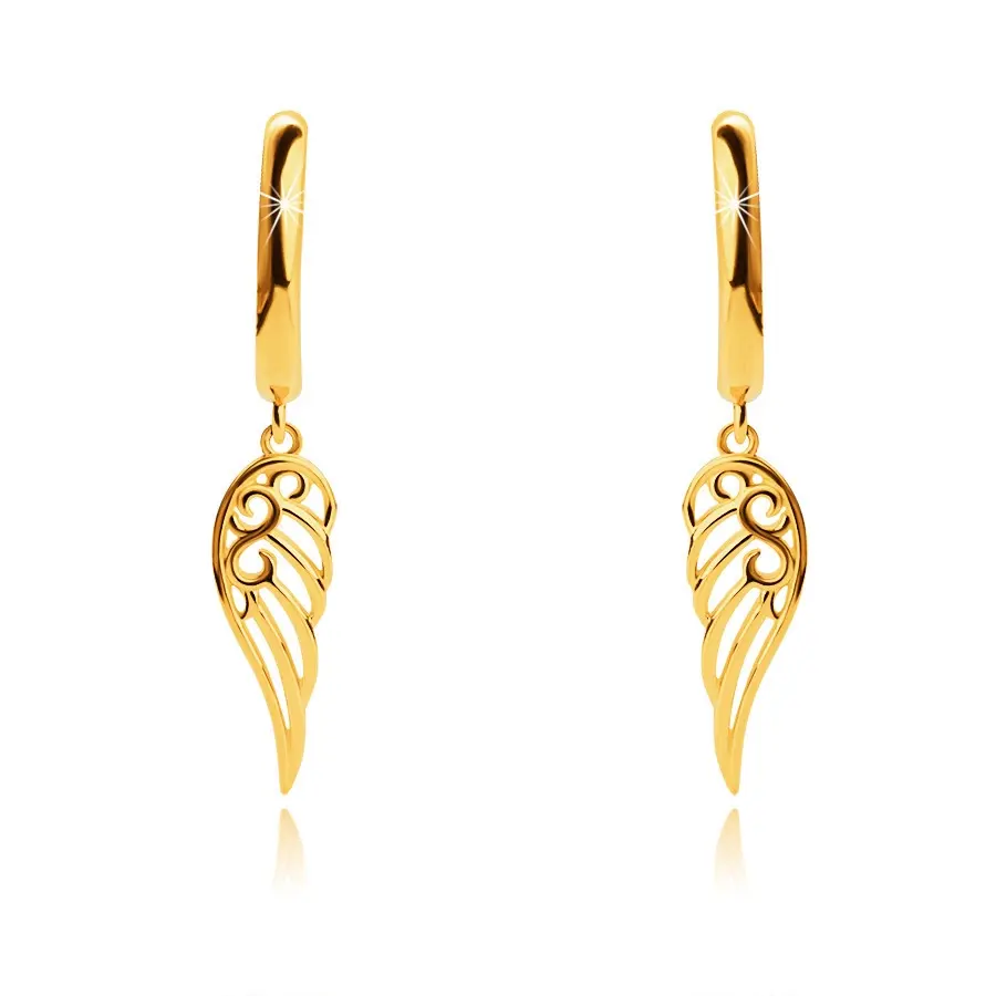 Puzetové náušnice zo 14K žltého zlata, filigránové anjelské krídla, oblúčiky