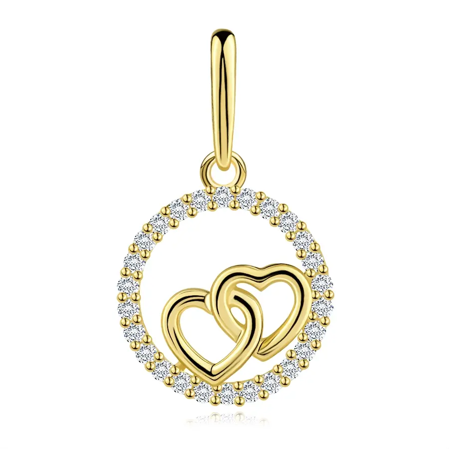 Okrúhly prívesok 9K žlté zlato s prepojenými srdcami a zirkónmi