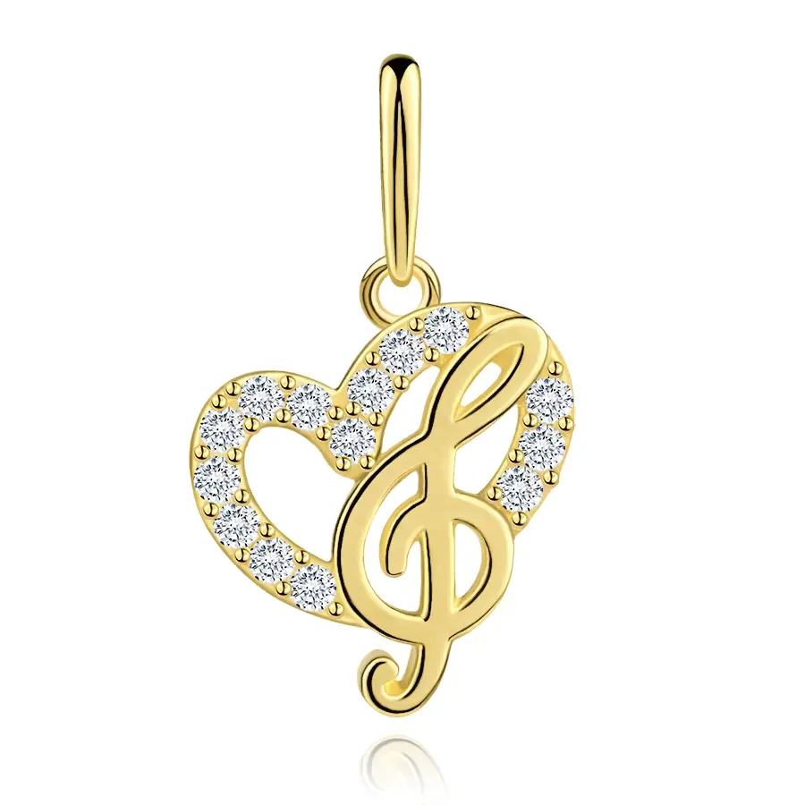 Zlatý prívesok 9K v tvare srdca s husľovým kľúčom a zirkónmi