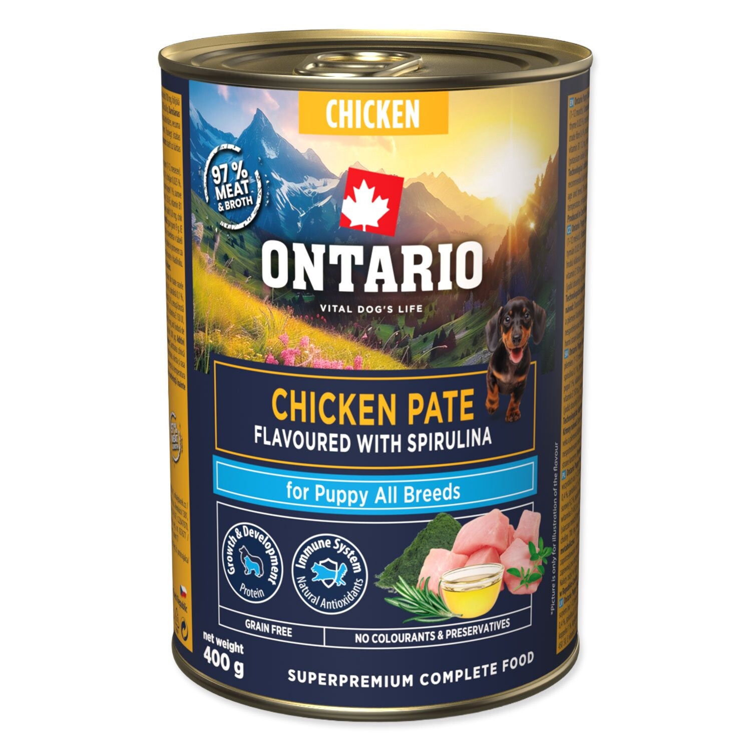 Konzerva Ontario Puppy kuracie paté s príchuťou spirulíny 400g
