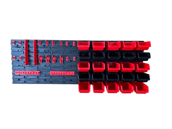 Stena na náradie s držiakmi a úložné boxy 15,5x10x7 cm 25 ks 115,2x39 cm