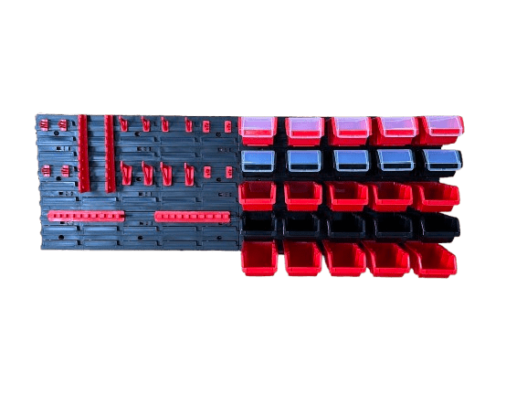 Stena na náradie s držiakmi a úložné boxy 15,5x10x7 cm mix 25 ks 115,2x39 cm