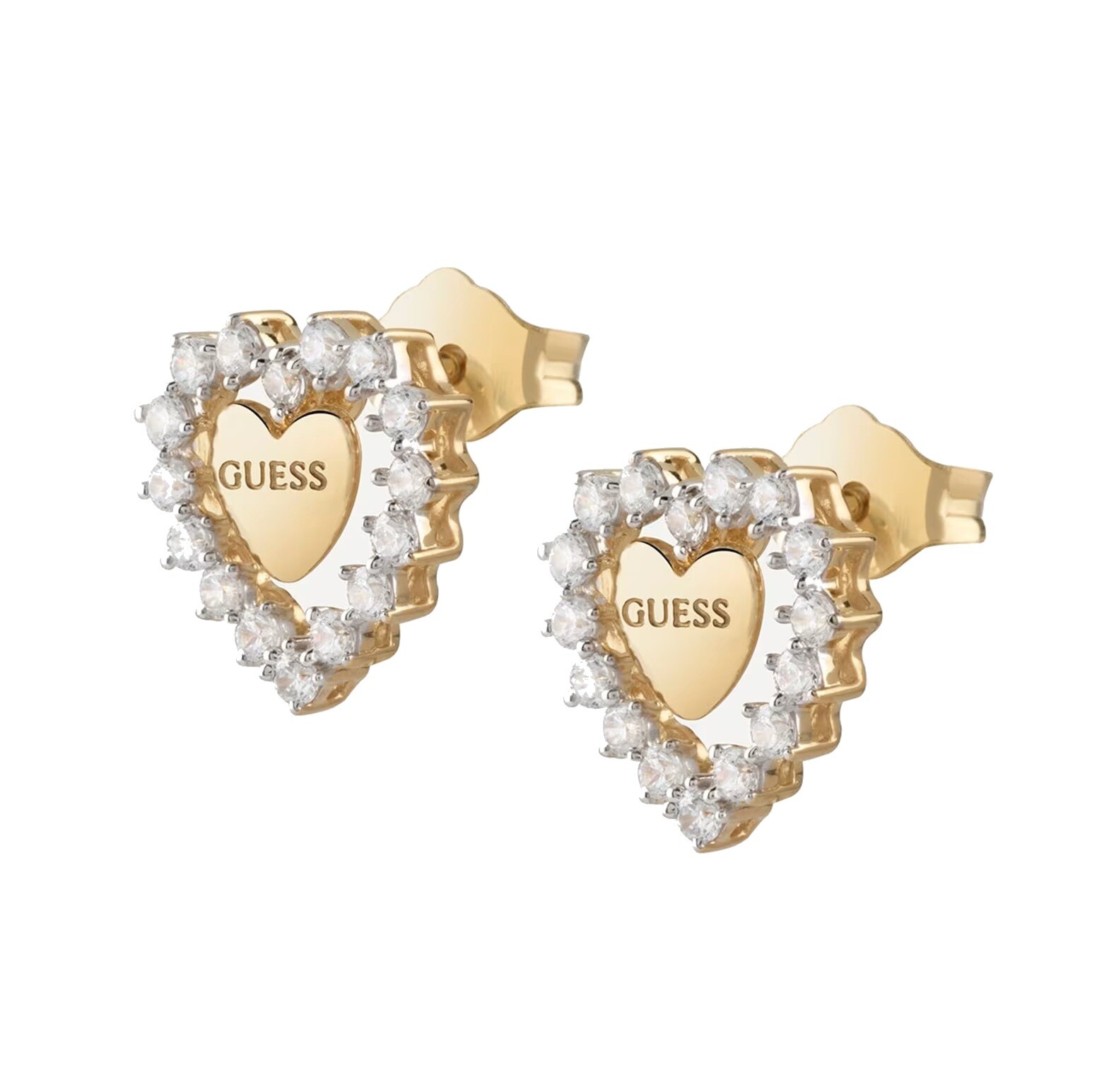 Guess Pozlátené srdcové náušnice so zirkónmi Jardin JSBE04455JWYGT/U