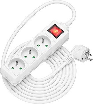 AlzaPower predlžovací prívod 230 V 3 zásuvky vypínač 5 m biely