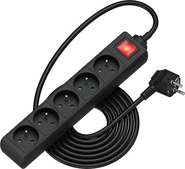 AlzaPower predlžovací prívod 230 V 5 zásuviek vypínač 2 m čierny