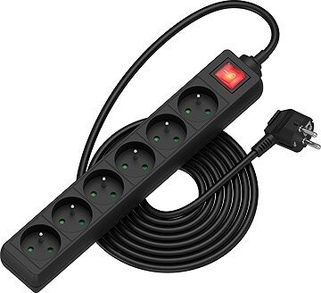 AlzaPower predlžovací prívod 230 V 6 zásuviek vypínač 5 m čierny