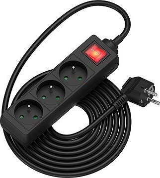 AlzaPower predlžovací prívod 230 V 3 zásuvky vypínač 5 m čierny