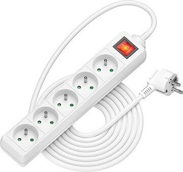AlzaPower predlžovací prívod 230 V 5 zásuviek vypínač 3 m biely