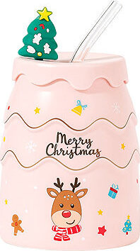 eCa KB06R Vianočný termohrnček v tvare stromčeka, so slamkou, ružový, 400 ml