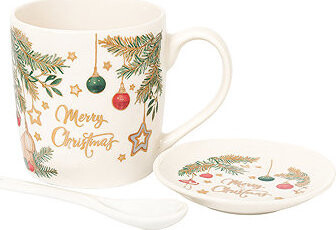 eCa KB16WZ1 Vianočný keramický hrnček s lyžičkou a tanierikom, 400 ml