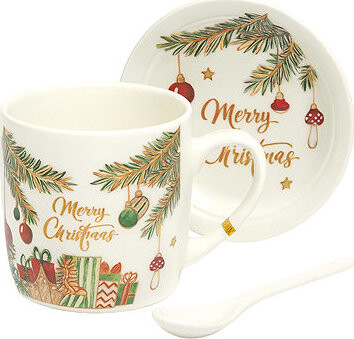 eCa KB16WZ2 Vianočný keramický hrnček s lyžičkou a tanierikom, 400 ml
