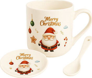 eCa KB20WZ3 Vianočný keramický hrnček s lyžičkou a tanierikom, 400 ml
