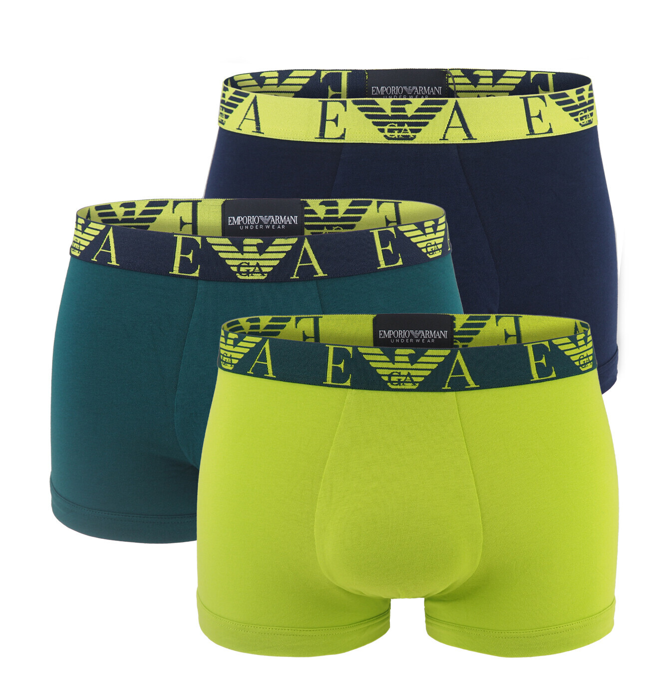 EMPORIO ARMANI - boxerky 3PACK stretch cotton Eagle logo pine & lime tones
