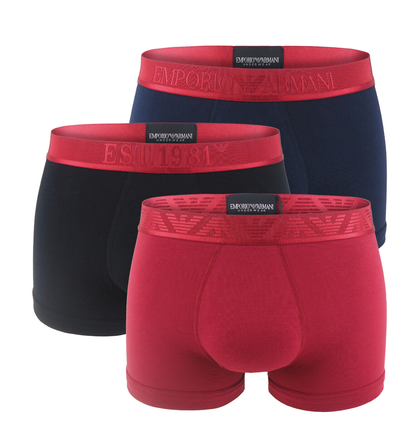 EMPORIO ARMANI - boxerky 3PACK organic stretch cotton essential tonal logo red wine tones