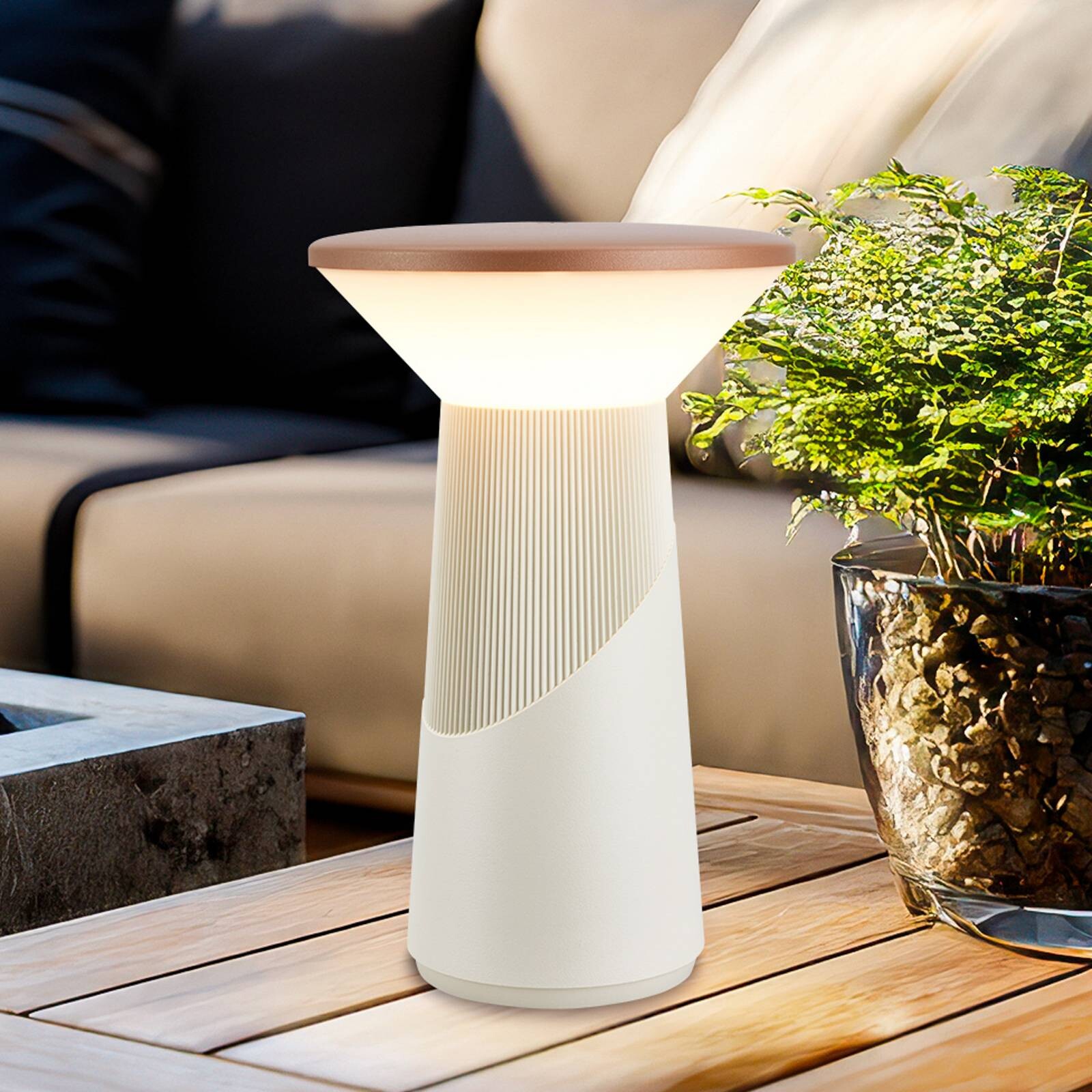 stolová LED lampa na batérie Pilia, hnedá/svetlošedá, výška 24 cm, IP44