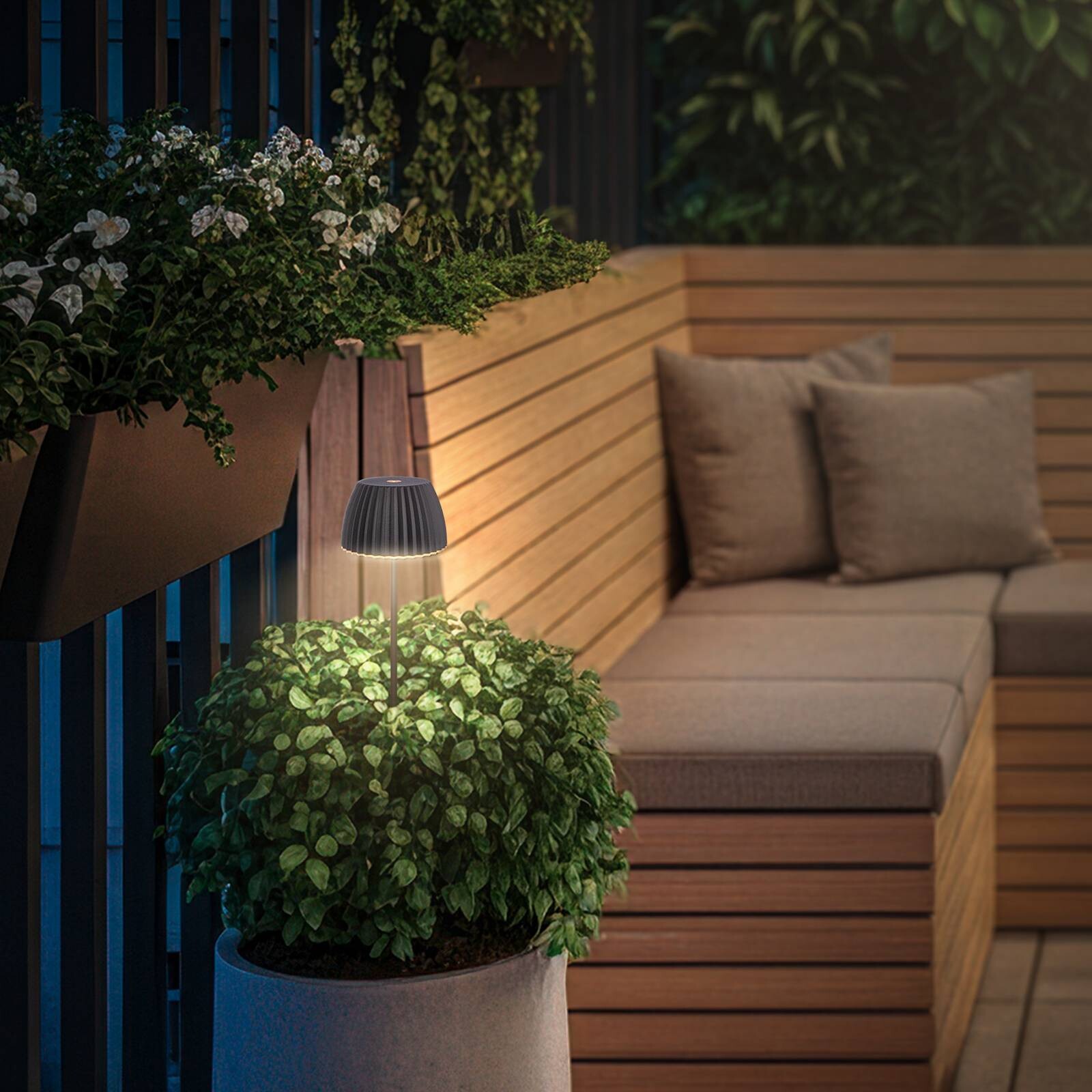 LED akumulátorové zemné svietidlo RIFFLE MINI, antracitová farba, Ø 9 cm, IP44