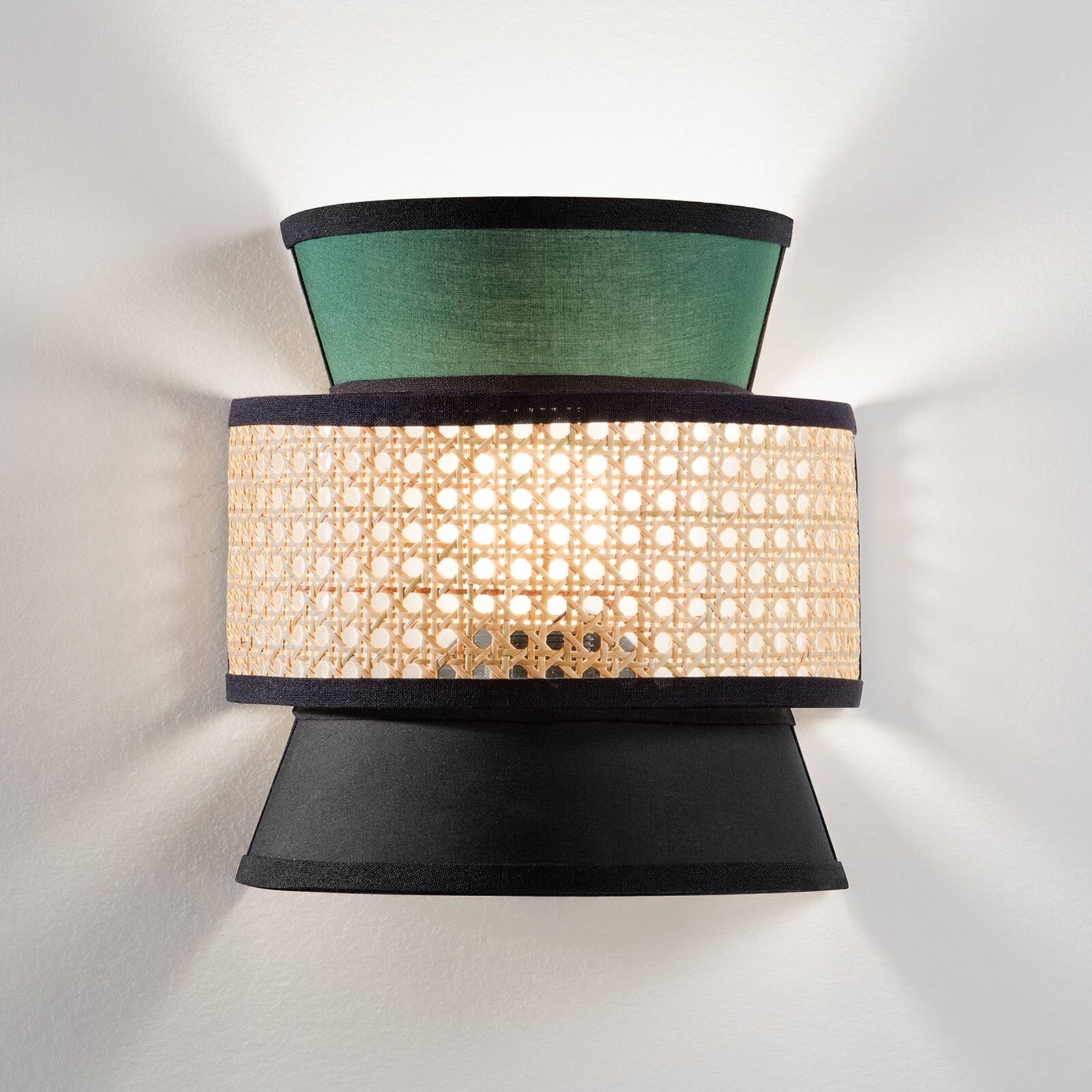 Nástenné svetlo Gazebo, zelená/čierna/prírodná, 24 cm, látka/rattan