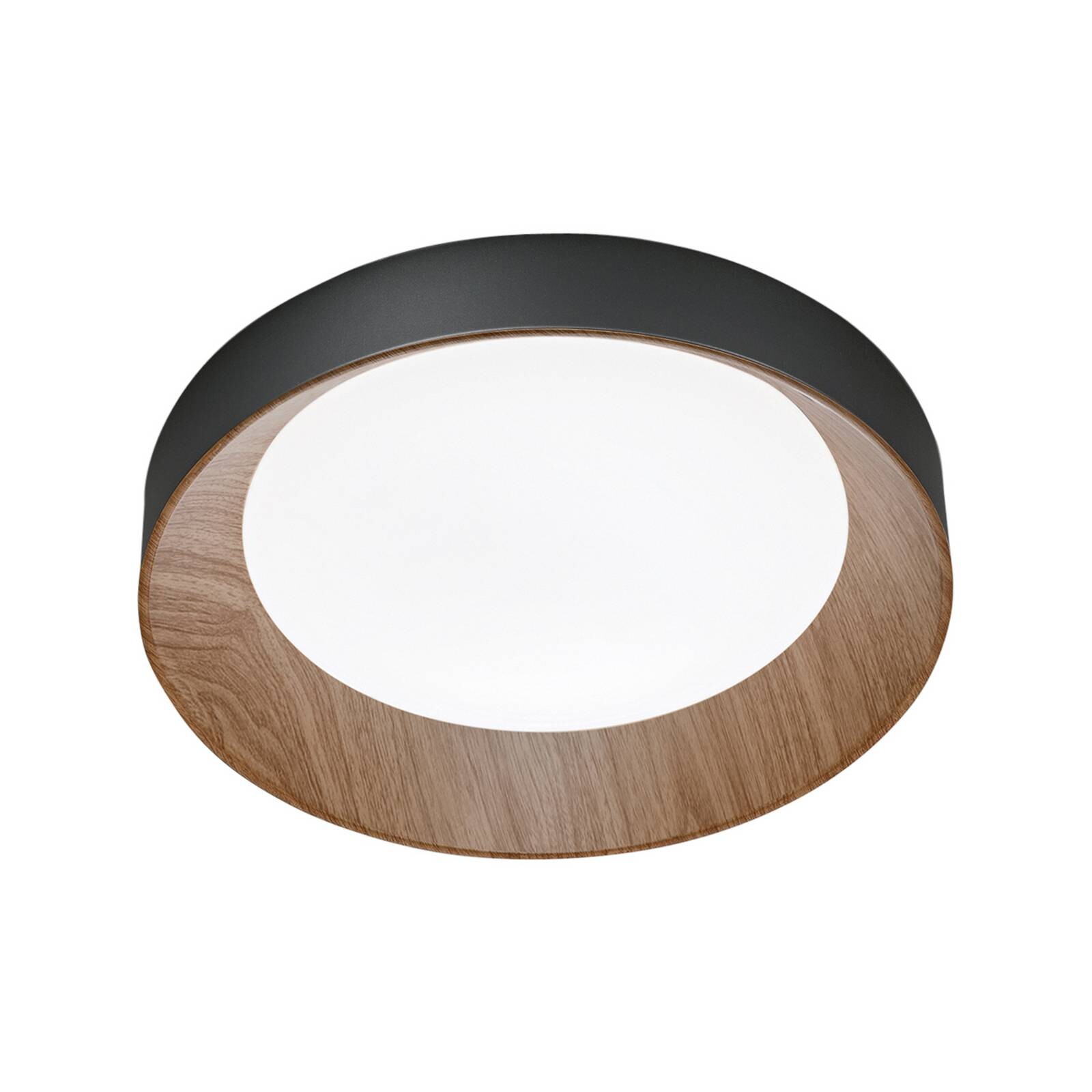 stropné LED svetlo Arka, Ø 40 cm, čierna/drevený vzhľad, kov CCT