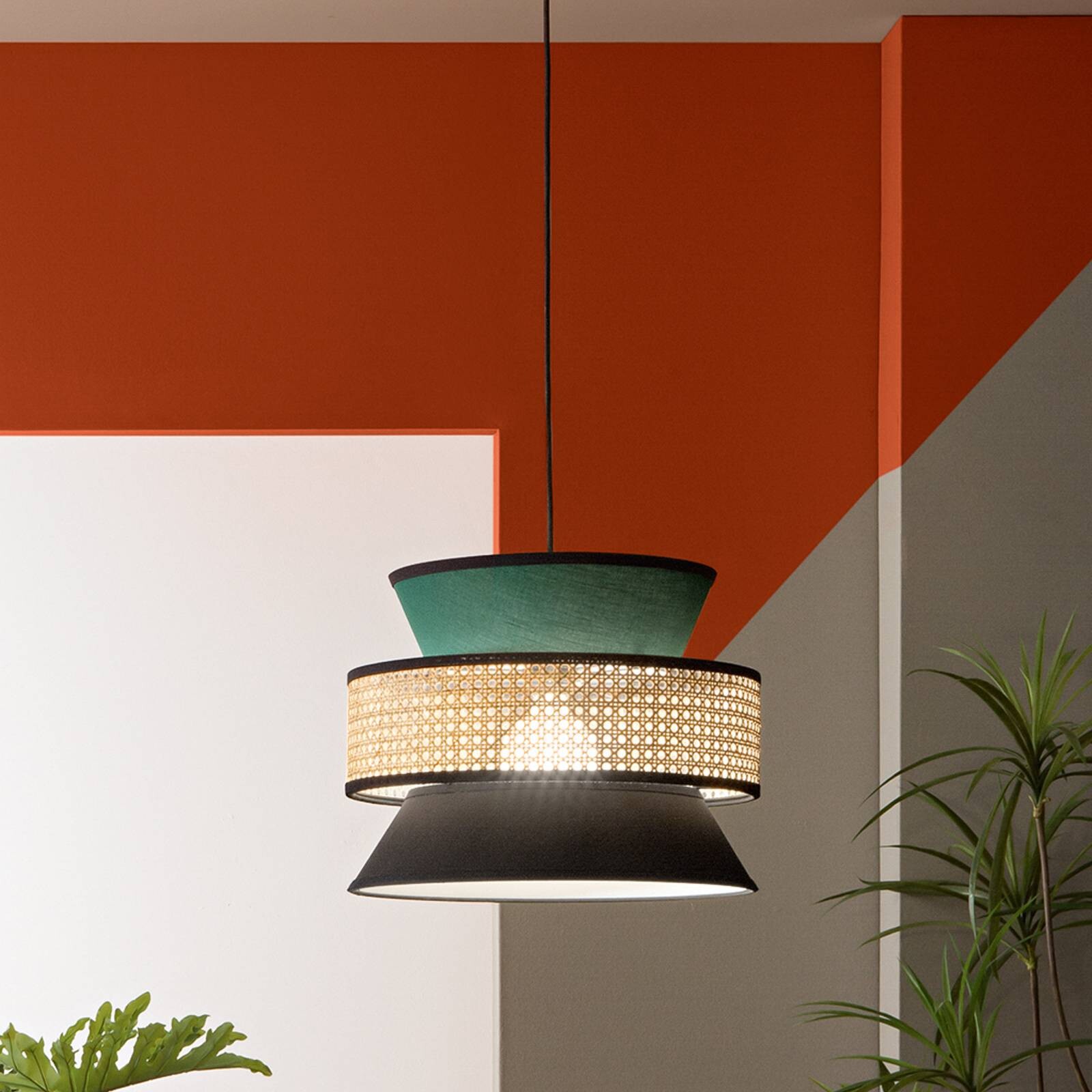 Svietidlo Gazebo, zelená/čierna/prírodná, Ø 40 cm, látka/rattan