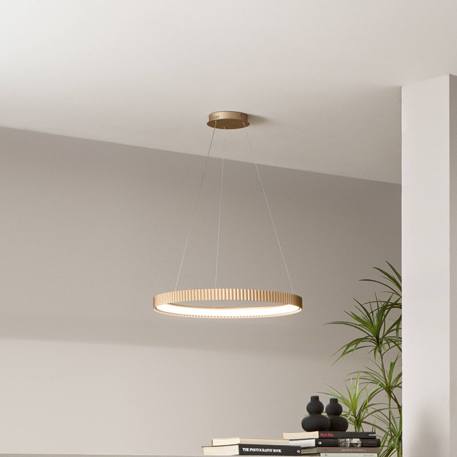 LED závesné svietidlo Niike, zlatá, Ø 50 cm, kov, CCT