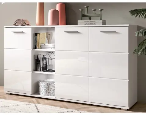 Široká skrinka s priehradkami Prego, 150 cm, biela lesk%