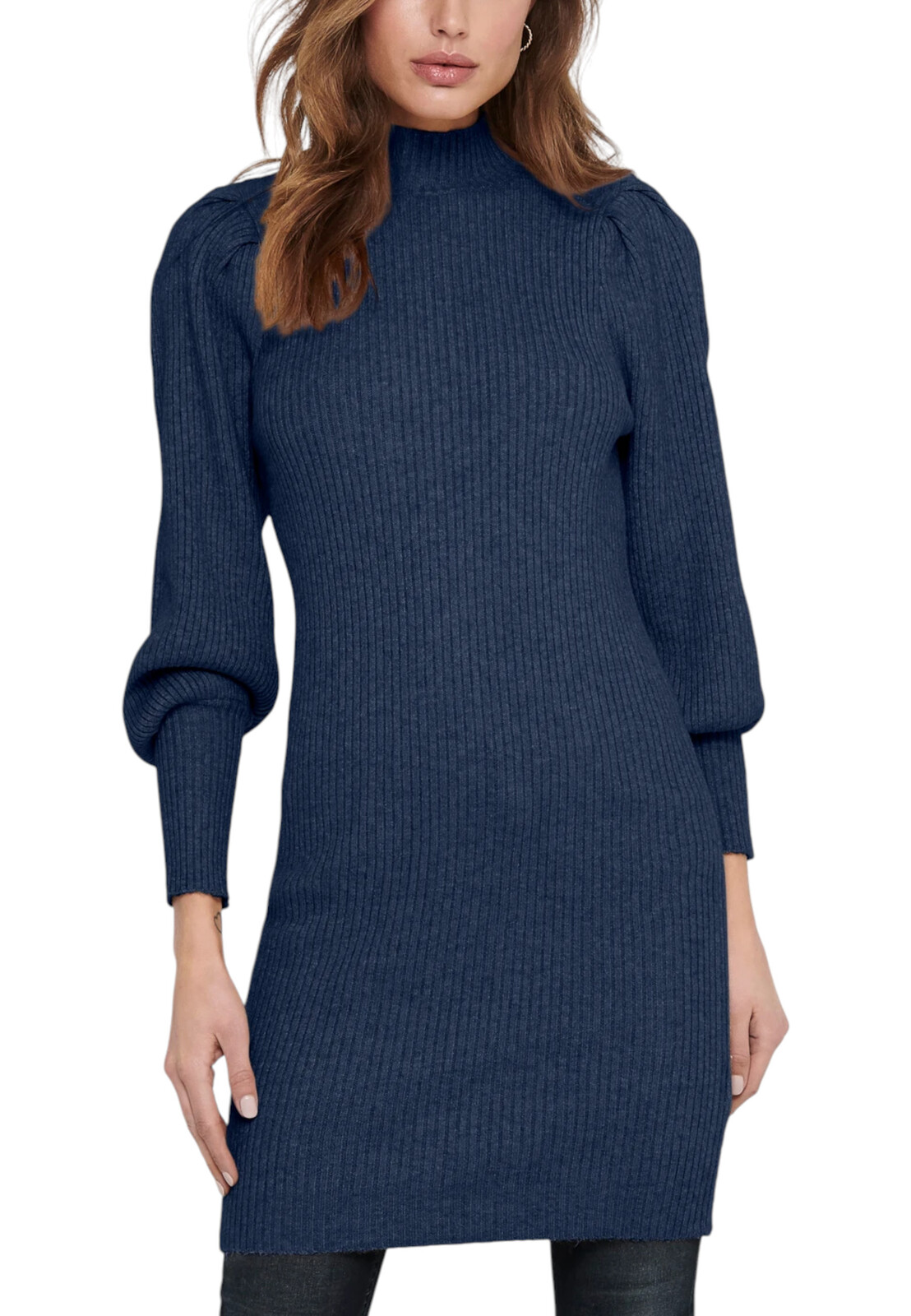 Modré svetrové šaty s rolákom