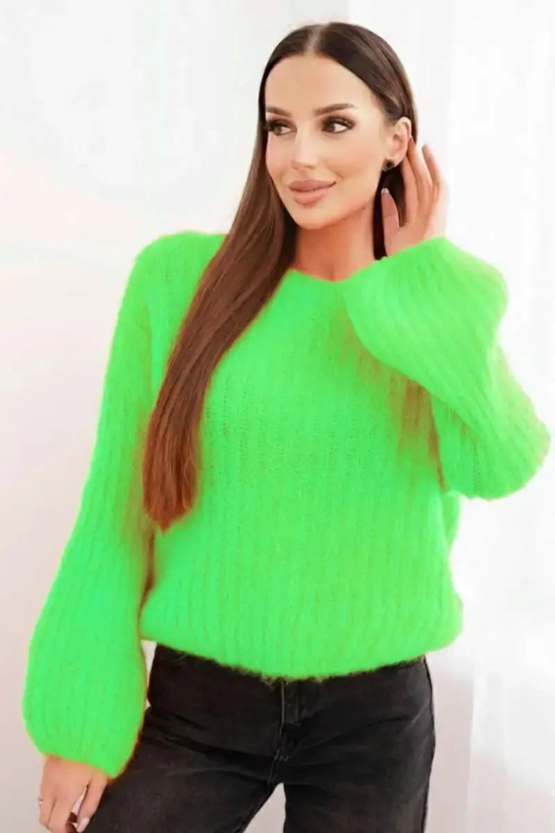 Kesi Włoski Sveter dámsky z mohéru s bufkovými rukávmi svetlozelená