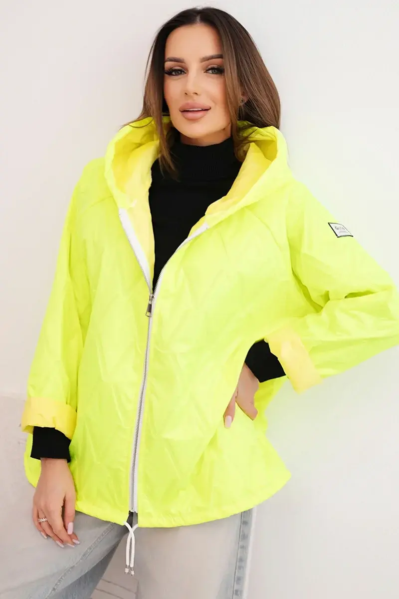 Dámska prešívaná bunda s kapucňou, neónová žltá