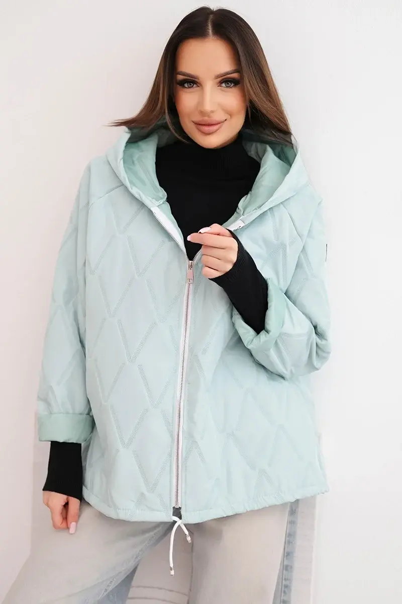 Dámska prešívaná bunda s kapucňou, svetlo mätová