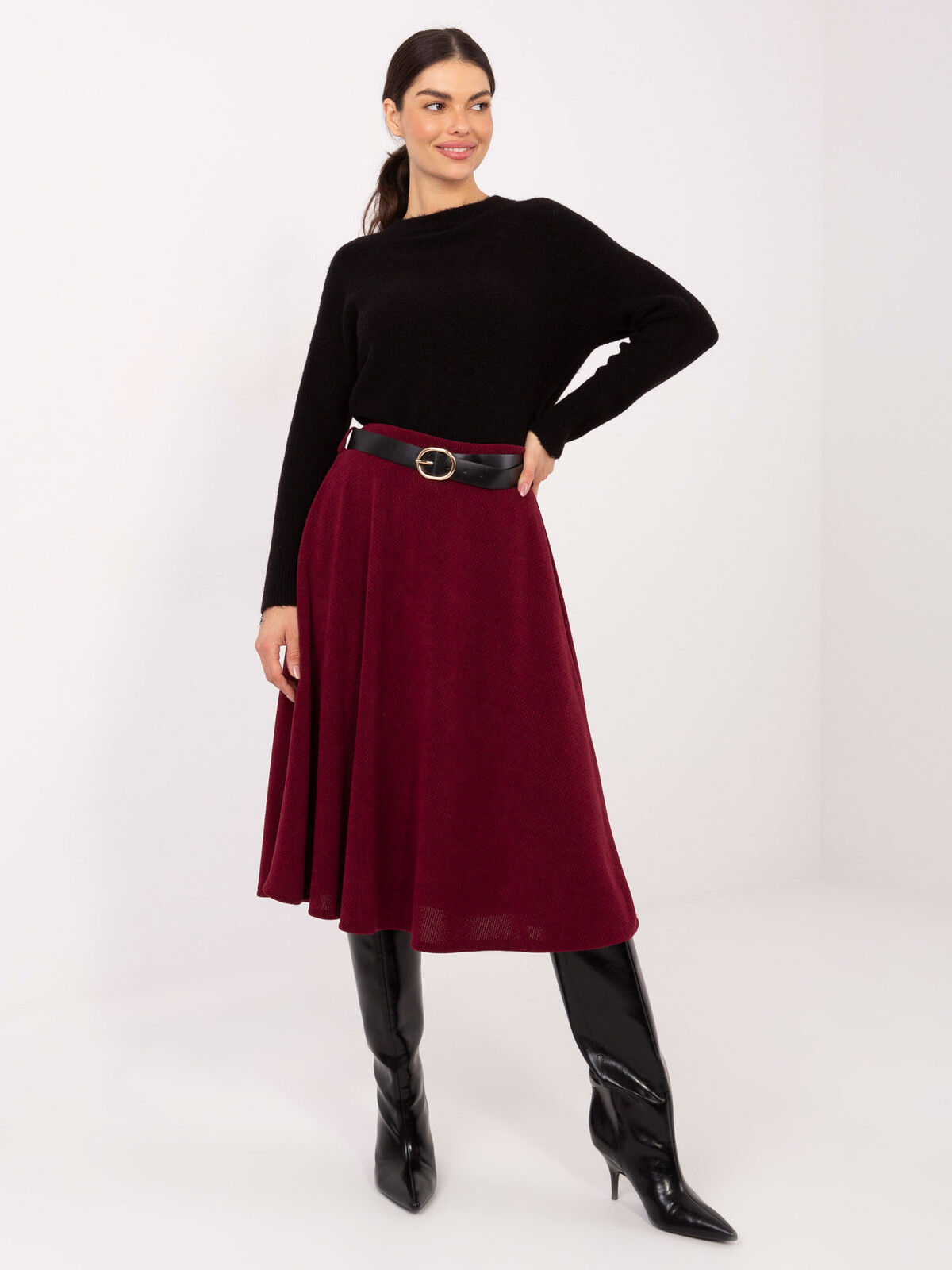 Bordová midi sukňa s opaskom