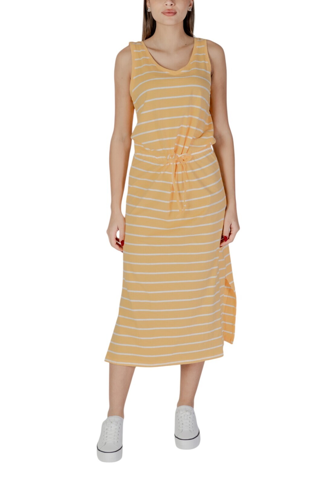 Pruhované midi šaty bez rukávov