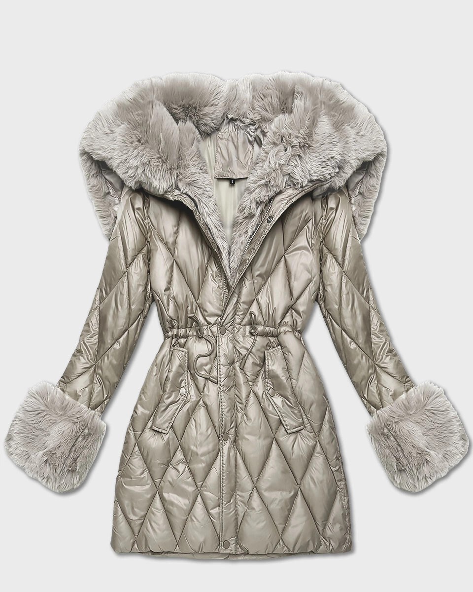 Bunda s kožušinovou kapucňou tvoriacou golier béžová (T3-2635#-62) odstíny béžové XL (42)