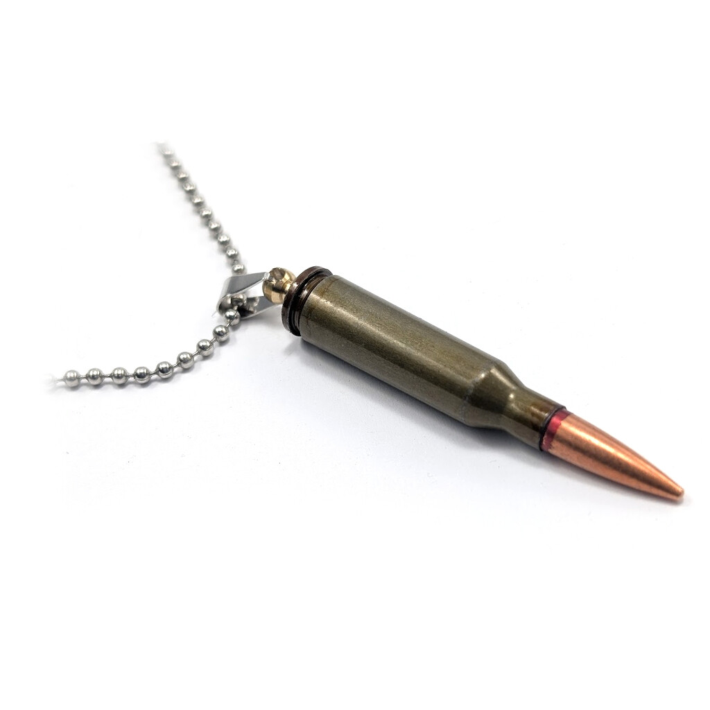Náhrdelník s nábojom 5,45x39 Kalašnikov a nerezovým remienkom - medený