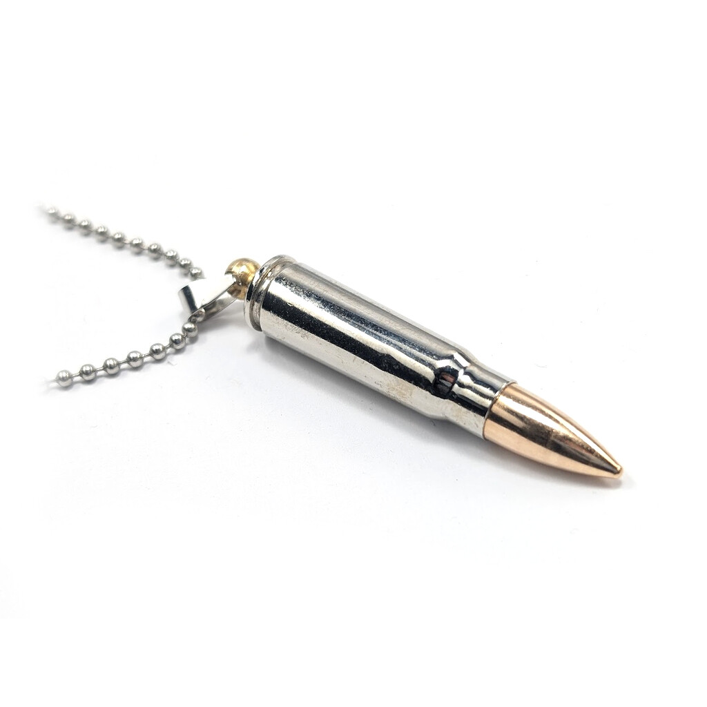 Náhrdelník s nábojom 7,62x39 Kalašnikov a nerezovým remienkom - strieborný-zlatý