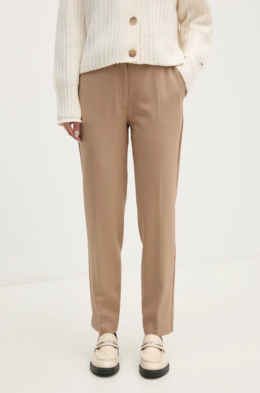 Nohavice s prímesou vlny Calvin Klein béžová farba, cigaretový strih, vysoký pás, K20K207589