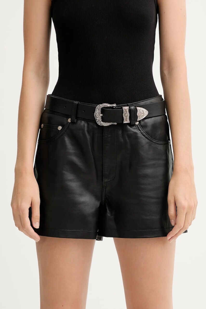 Kožené krátke nohavice Gestuz čierna farba, jednofarebné, vysoký pás, 10910554