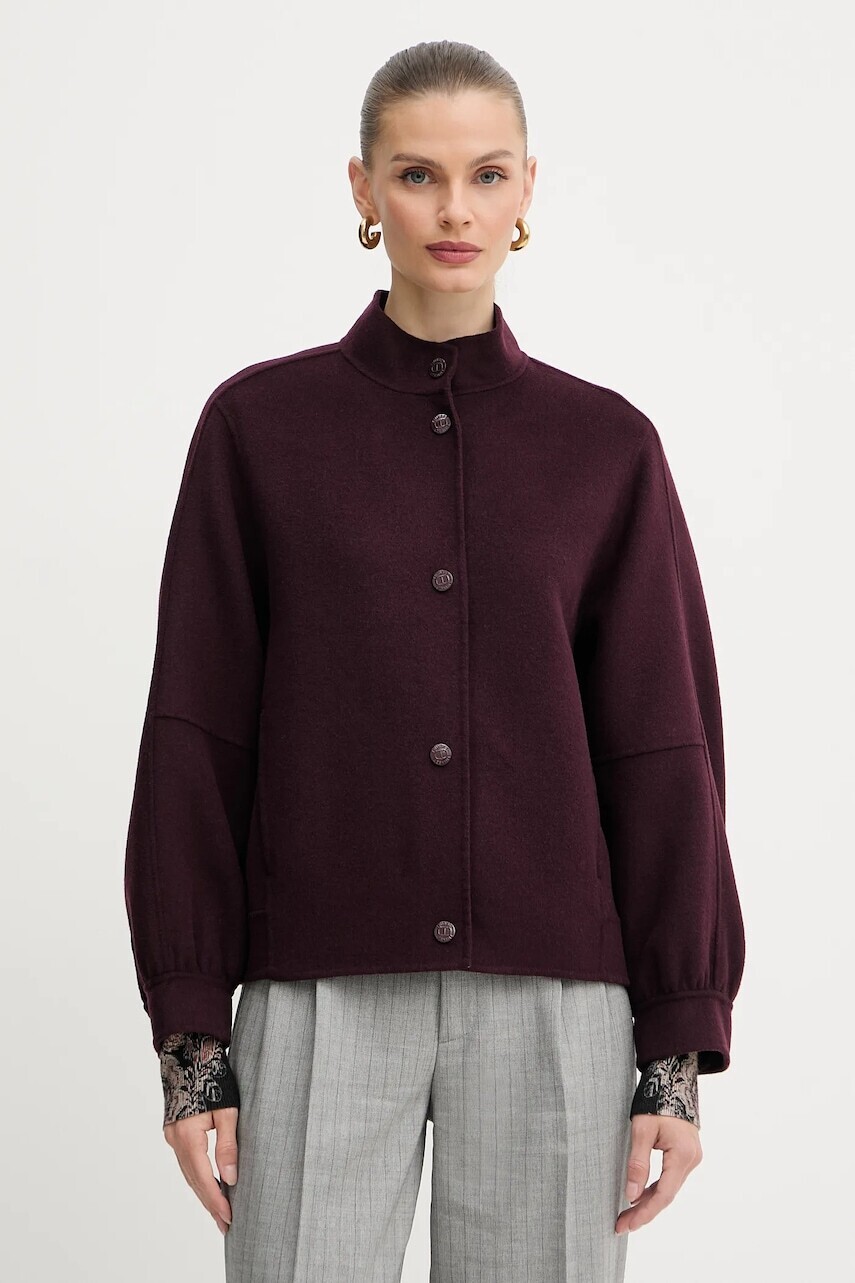 Vlnená bunda Twinset bordová farba, prechodná, oversize, 252TP2071