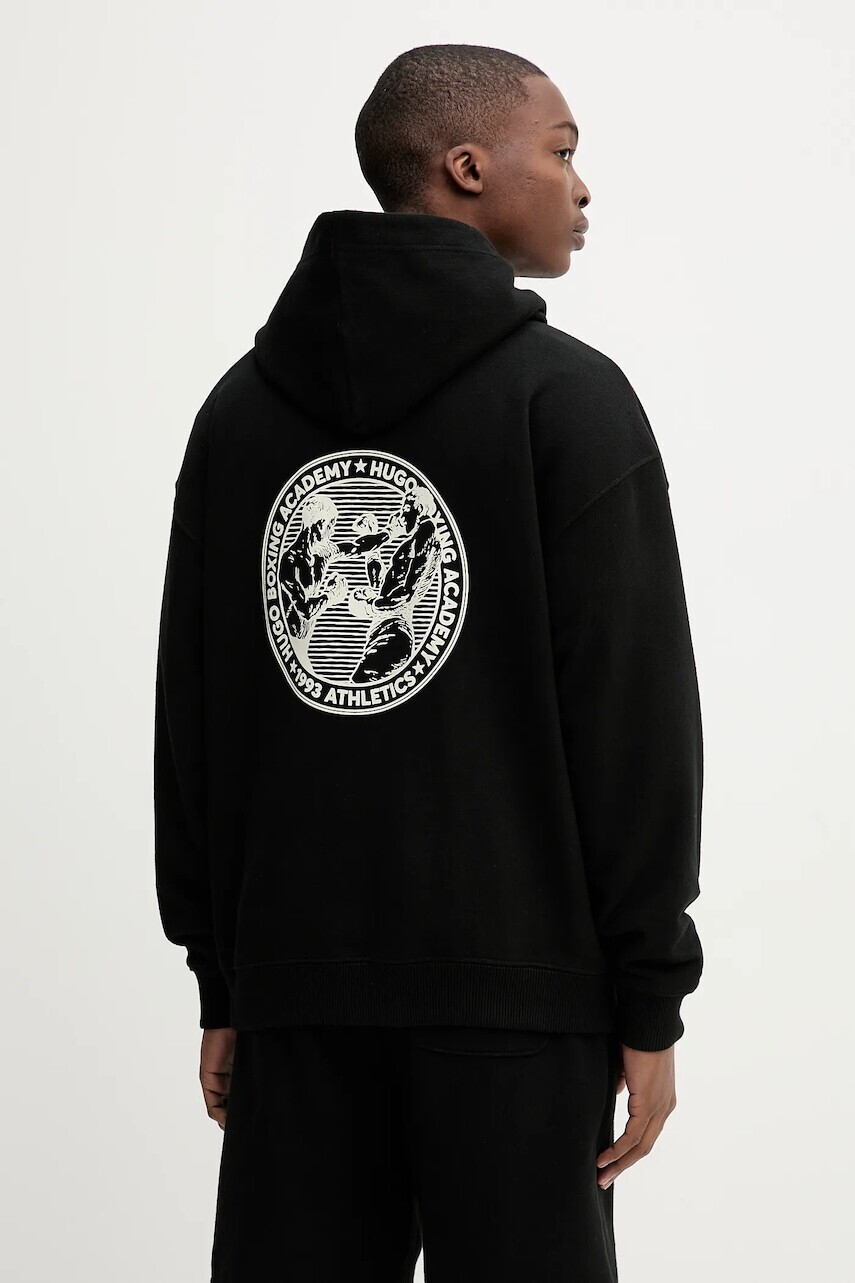 Bavlnená mikina HUGO Duwrestie čierna farba, s kapucňou, s potlačou, 50542399