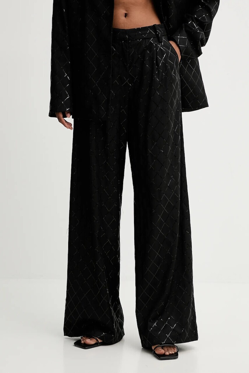 Nohavice Rotate Wide Leg Sequins Pants dámske, čierna farba, široké, stredne vysoký pás, 113326100