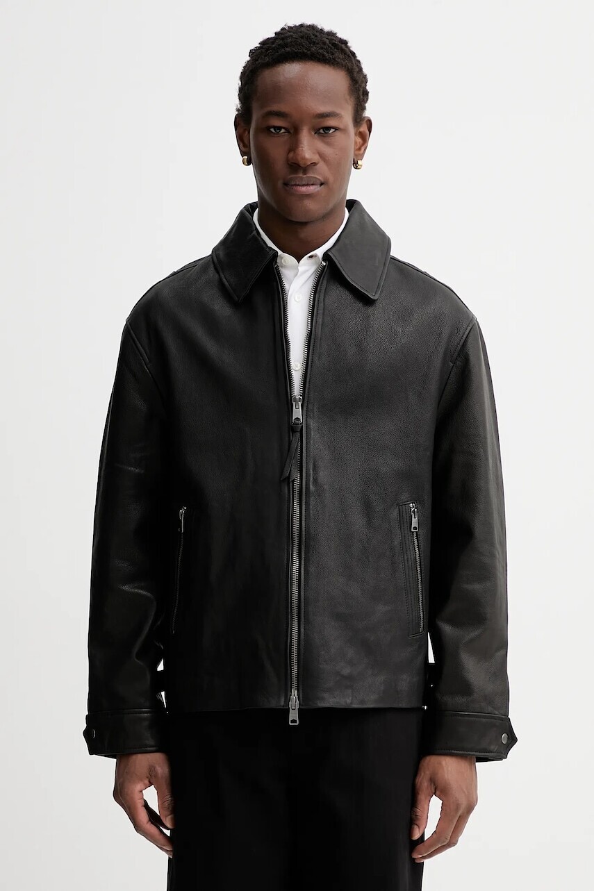 Kožená bunda AllSaints čierna farba, prechodná, M054LD
