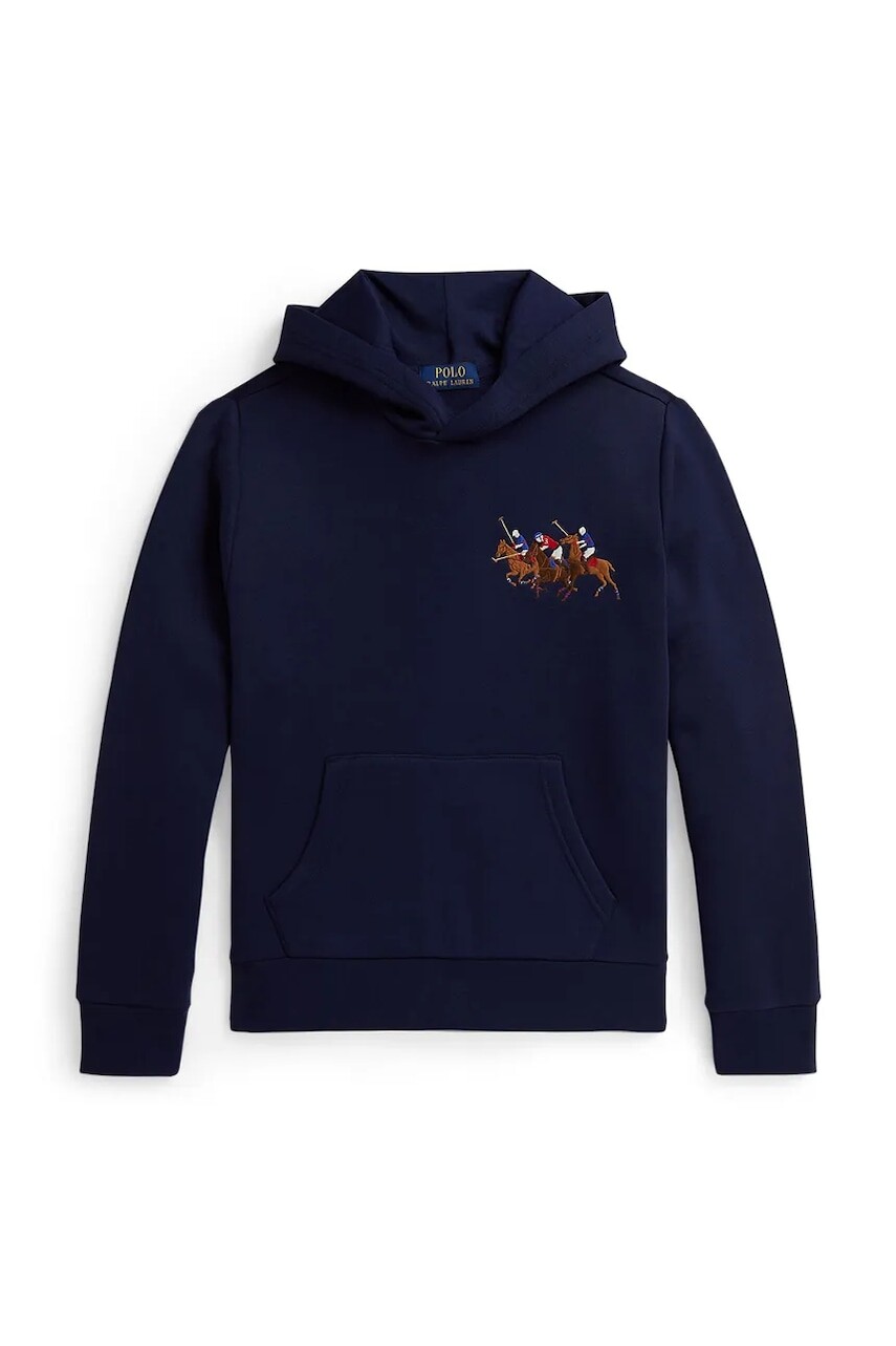 Detská mikina Polo Ralph Lauren tmavomodrá farba, s kapucňou, s nášivkou, 323A95741001