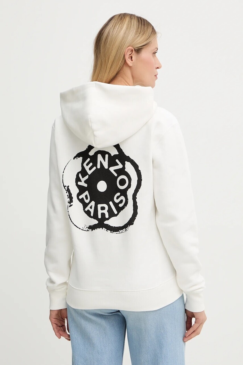 Bavlnená mikina Kenzo biela farba, s kapucňou, s potlačou, FG52HO2064MB