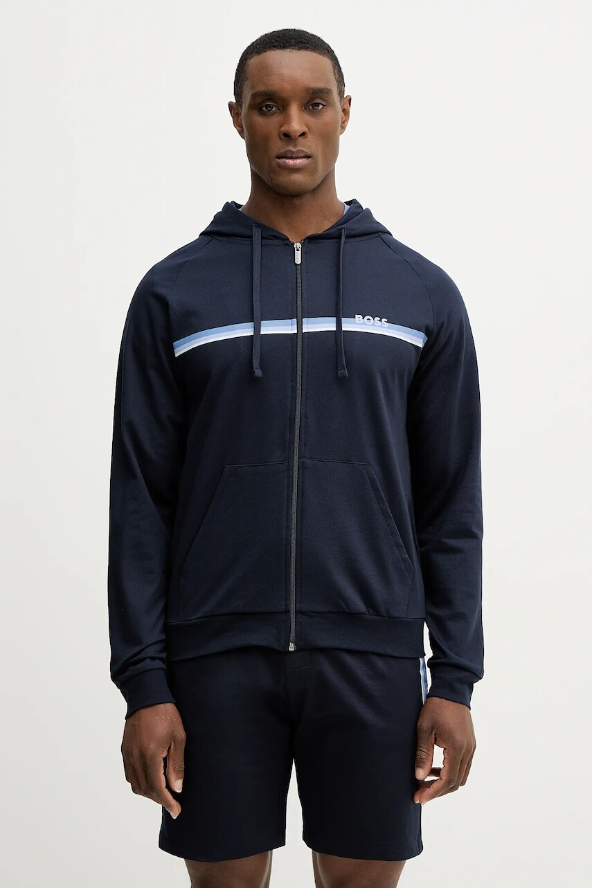 Bavlnená mikina BOSS Authentic Jacket H tmavomodrá farba, s kapucňou, s potlačou, 50554785