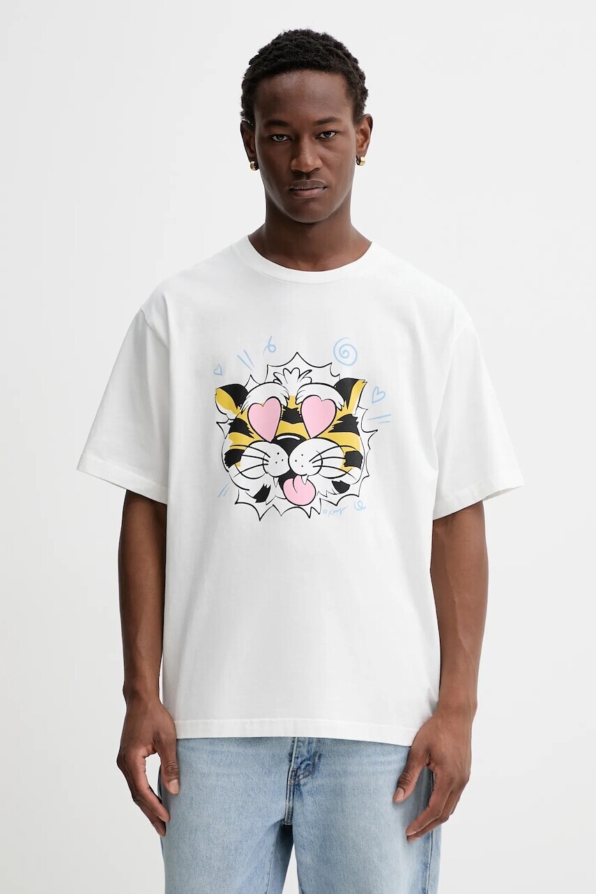 Bavlnené tričko Kenzo pánske, biela farba, s potlačou, FG55TS4034SG