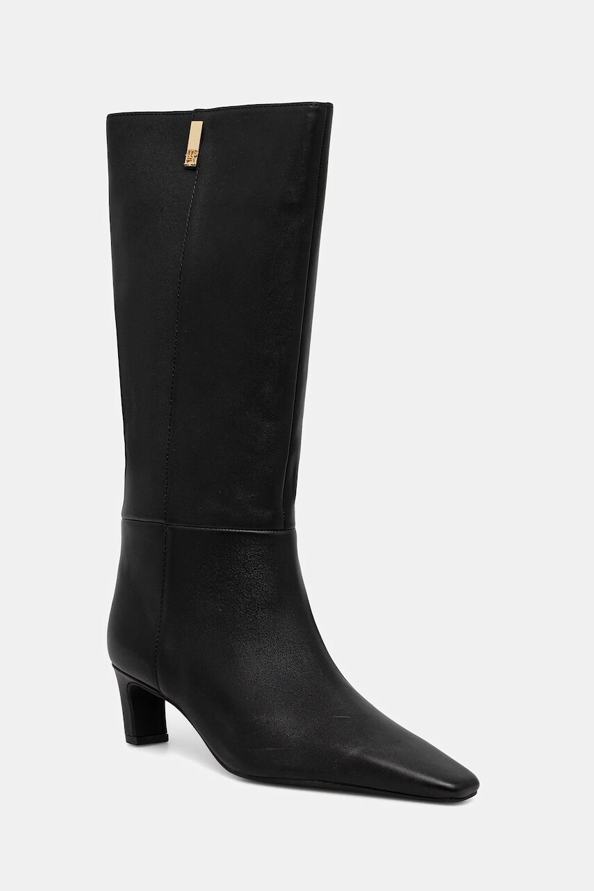 Kožené čižmy Tommy Hilfiger SQUARE TOE KITTEN LONG čierna farba, na podpätku, FW0FW08772