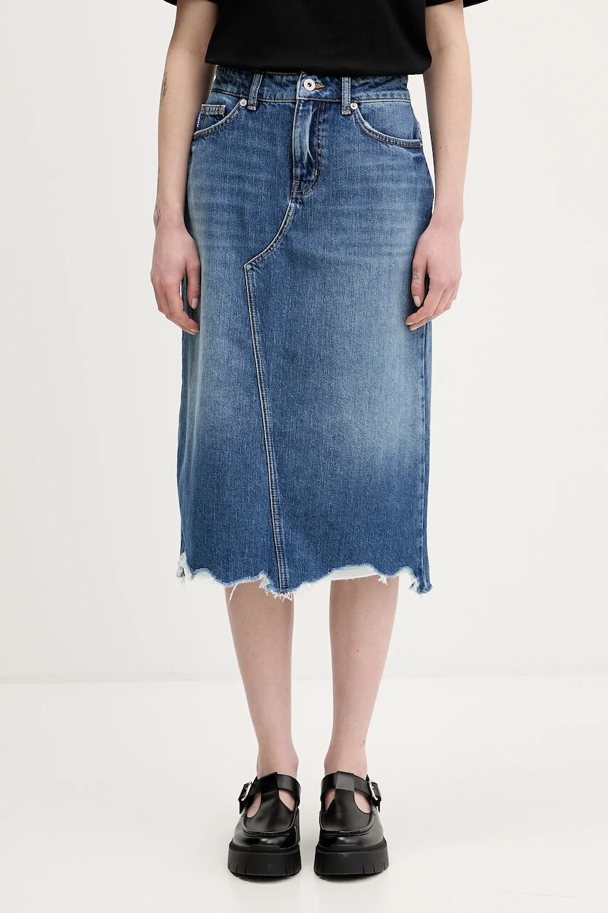 Rifľová sukňa Hugo Blue Gadele_B modrá farba, midi, rovný strih, 50553062