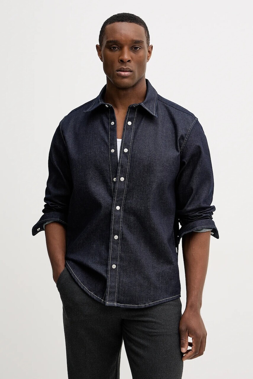 Rifľová košeľa BOSS H-LIAM tmavomodrá farba, regular, s klasickým golierom, 50556188